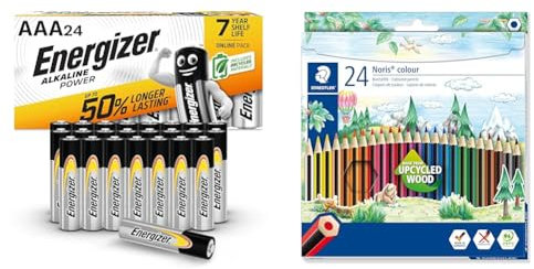 Energizer AAA Batteries, Alkaline Power, 24 Pack, Triple A Battery Pack - Amazon Exclusive (Packaging may vary) & STAEDTLER 185 C24 Noris Colour Colouring Pencils - 24 Assorted Colours