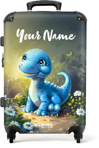 NoBoringSuitcases.com Kinderkoffer, Koffer Personalisiert, Kinder Koffer, Koffer Groß, Koffer Kinder, TSA Schloss, Kinder Koffer mit Rollen, Koffer Leicht Groß (Junger Dino - Hellblau, 67 cm - 72 L)
