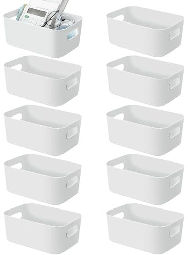 10pcs Plastic Storage Boxes with Handle 20cm Cupboard Organiser,Small Storage Baskets White Storage Bins for Bathroom Kitchen Storage Boxes for Shelves