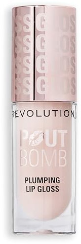 Revolution Beauty, Pout Bomb Gloss Volumizzante per Labbra, Brillantezza Intensa per Labbra Piene e Voluminose con Acido Ialuronico e Peptidi, Vegano e Senza Crudeltà, Nude Latte Trasparente