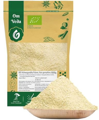 Bio Ashwagandha Pulver 1kg OmVeda fein gemahlenes Wurzelpulver Churna Withania somnifera Vorratspackung vielseitig verwendbar Smoothies Tee Getränke Rezeptideen Küche