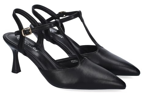 92298 Zapatos de Tacon Fino para Mujer, Elegantes, Punta Fina, Diseno Moderno con Tira en el Empeine y Cierre de Hebilla, Ideales para Primavera-Verano. Negro Talla 39