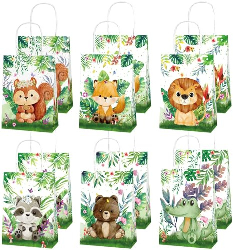 Disnace 12 st djungeldjur presentpåsar, safari-tema festväskor med handtag, safari goodie djungel festväska zoo djurtryck väska för födelsedag, semester, festdekoration tillbehör (12 djur)