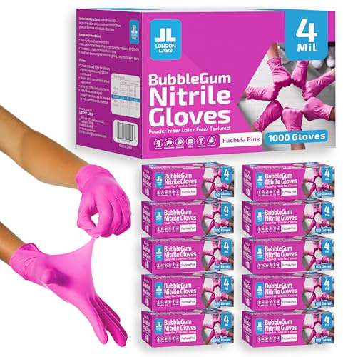 London Labs 4 Mil – Fuchsia Pink Nitrile Gloves–Disposable Latex Free & Powder Free–Chemical Resistant, Pink Rubber Gloves –Esthetician, Nail Supplies, Cleaning, Cooking,Tattoo |Bulk Case of (1000 ct)