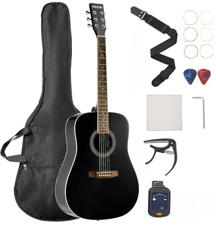 VEVOR 1041,4 mm 6 strängar rund akustisk gitarr med svart massiv gran lock, fodral, tuner, rem, stålsträngar, hullingar, paljträd och greppbräda i rosenträ för musiker