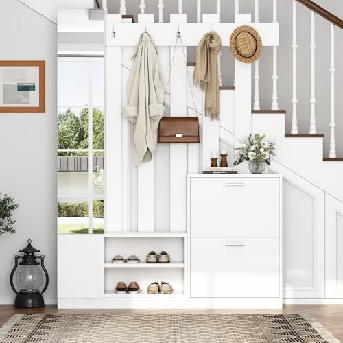 MOBETTRES 135 * 25 * 180cm Garderoben-Set mit Spiegel, Flurschrank, Hängeschrankregal, Kompaktgarderobe, Mit 2 Aufbewahrungsschränke, Geeignet für Türöffnungen, Flure,Weiß