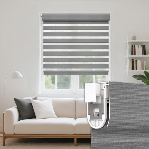 Grandekor No Drill No Tools Custom Size Zebra Blinds, Cordless Free-Stop Dual Layer Day & Night Window Shades, Light Filtering Privacy, Thermal Insulated, Textured Grey