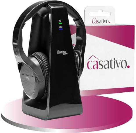 Casativo Digitaler Stereo-Funk-Kopfhörer mit 2-in-1 Funk- & Ladestation – kabellos, 30 m Reichweite, kristallklarer Sound, bequem & leicht, schwarz