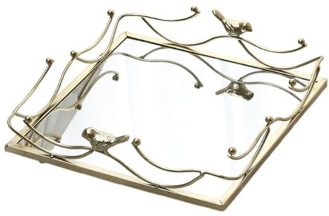 Cabilock Bandeja Vintage Cuadrada con Marco Dorado y Espejo Organizador de Joyas y Cosméticos con Detalle de Pájaro Resistente y Fácil de Limpiar para Tocador Baño y Salón