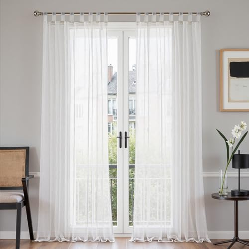 TOPICK Gardinen mit Schlaufen Vorhänge modern 2er Set H255xB140 Weiß | Schlaufengardinen Vorhänge Wohnzimmer Gardinen Landhausstil Schlafzimmer Schlaufenschal transparent Vorhang Leinenoptik