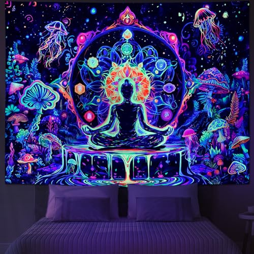 Yuiqear Blacklight Chakra Yoga Meditation Tapestry Mushroom Flower Wall Backdrop UV Reactive Mandala Tapestries Galaxy Space Jellyfish Tapestry Wall Hanging for Bedroom