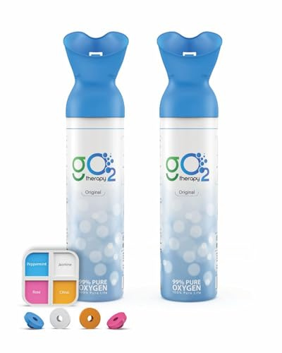gO2Therapy Up to 900 Inhalations (2 Pack), 12L | Portable Oxygen Canister with 4 Fragrance Option – Single Mouth & Nose Mask – Supplemental Oxygen for Sports, Travel, Altitude & Fitness Activities