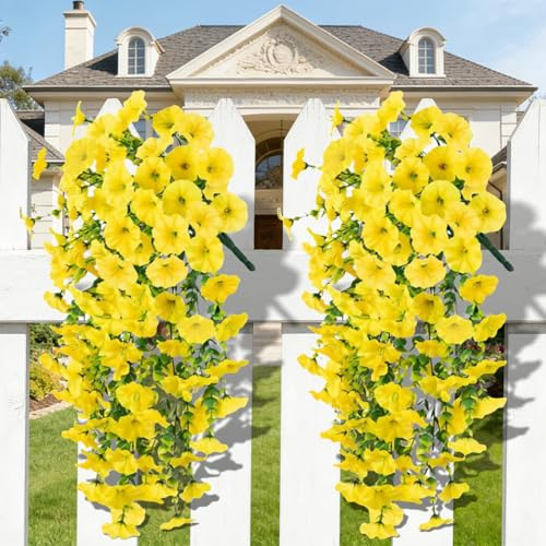 UV Resistant Artificial Outdoor Flowers, 3 Styles Ground Stake & 7 Fork & Morning Glory, Realistic Faux Flowers for Outdoor Planters Garden Patio Home Wedding Party Decoration (C-Yellow, 2PCS)