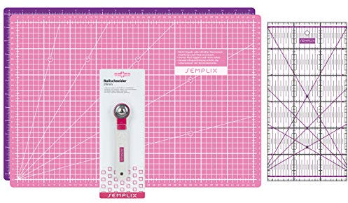 SEMPLIX Skärmattor set (A3) perfekt för söm-, hantverks- och lapparbeten, skärunderlägg 45 x 30 cm, rullskärare mini 28 cm, Patchwork-linjal 30 x 15 cm (rosa/lila)