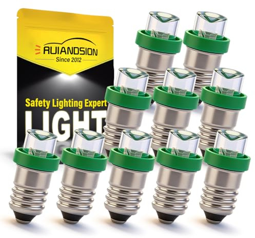 Ruiandsion 10pcs 6V E10 LED Bulb White/Blue/Red/Green/Yellow E10 Base LED Bulb Upgrade for Headlamps Flashlights Torch Headlight Mini Head Lamp,Negative Earth(Green)