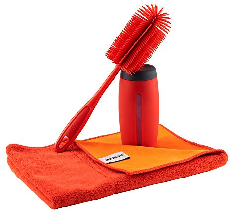 Kochblume Reinigungs-Set | Silikon Spülbürste & Dosierspender & Geschirrtuch 60x40cm | Premium-Silikon und extra saugfähige Fasern | Poliertuch | Dosieröffnung und Sichtfenster | Farbe: rot