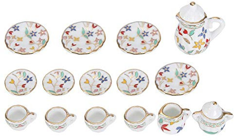 1:12 Puppenhaus Zubehör, 15 stücke Mini Porzellan Blume Teetasse Set Puppenhaus Dekor Küche Miniatur Simulation Möbel Set Modell für Jungen Mädchen Puppenhäuser(Krawatte 3)
