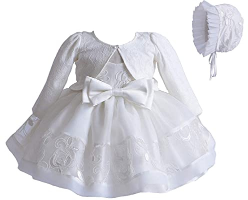Vestido de Bautizo Bebé Niña Vestido Formal Novia de Boda de Encaje sin Manga con Capa de Tul 3 Piezas Conjunto de Chal Sombrero Skirt con Bowknot para Ceremonia (Blanco, 0-3 Meses)