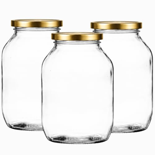 Half Gallon Glass Pickle & Fermenting Jar (2.27L) | Packs of 3-100 with Gold, Black or Silver Twist-Off Lids | Large Airtight Preserve Jars | J&B (6, gold)