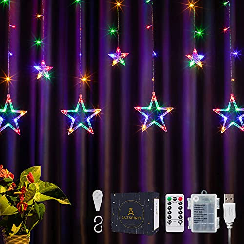 DazSpirit 12 stelle Luci LED per tende a stella 3,5 m 138LED, con telecomando e 20 ganci, confezione regalo, 8 modalità, alimentazione USB o a batteria, impermeabile, interni ed esterni (colorato)