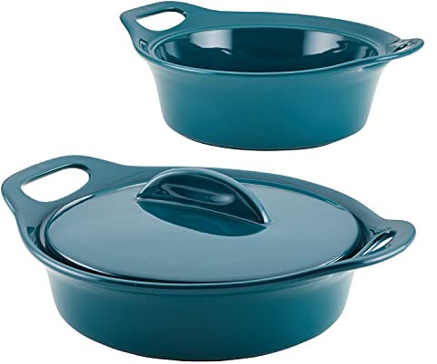 Rachael Ray Solid Glaze Ceramics Casserole Bakeware/Baker Set with Shared Lid, 3 Piece, Teal
