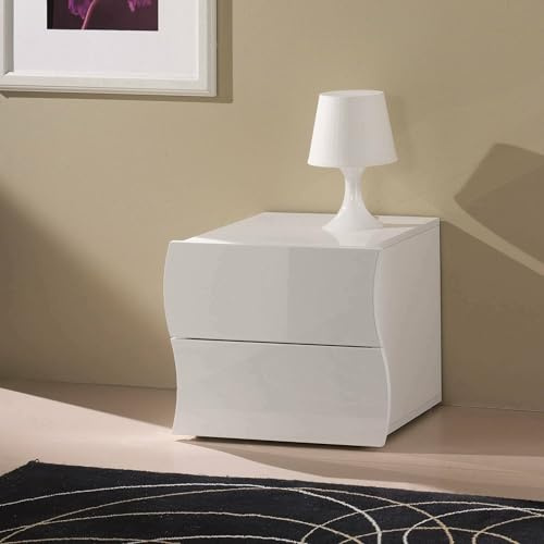 Dmora - Table de chevet Edoardo, Table de nuit avec 2 tiroirs, Armoire de chambre, 100% Made in Italy, 50x40h41 cm, Blanc brillant