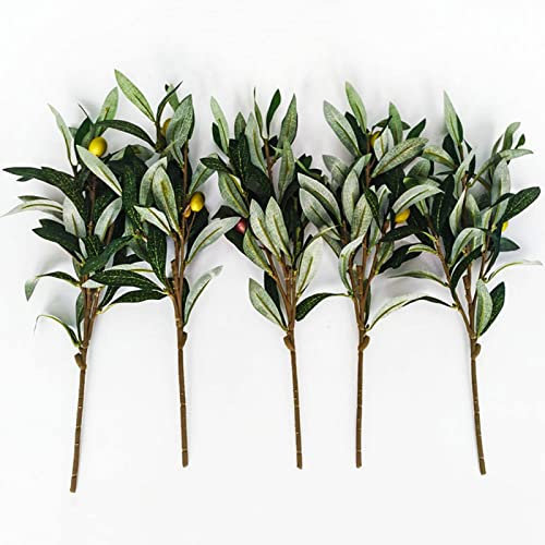 5 Pezzi di Piante di Ulivo Artificiali, Rami di Frutta, Foglie in Verde, per Interni ed Esterni, Decorazione Artificiale con Decorazione Floreale