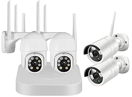 Daewoo Security Kit Vidéo Surveillance 8 canaux NVR504, 4 Caméras Extérieures Fixes et Rotatives, Accès à Distance, Disque Dur 1To, Détection de Mouvement & Vision Nocturne Blanc