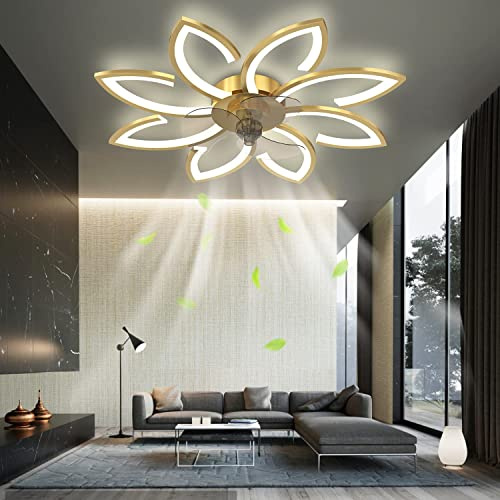 Fan Ceiling Lighting and Remote Control Pendant Chandelier Silent Fans LED Tri Colour Light Wind Speed Adjustable Ceiling Lights Fan for Living Room, Bedroom, Kid's Room (Color : Gold)