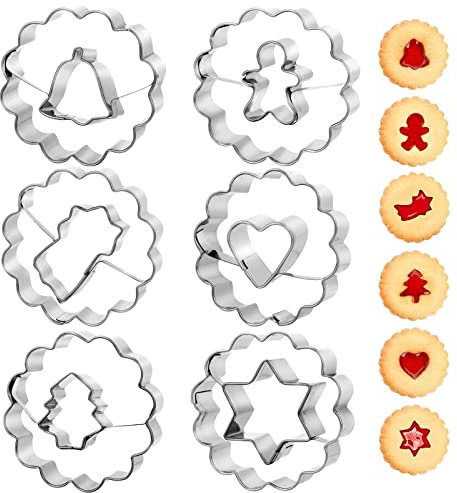 6er Weihnachten Linzer Ausstecher, Mini Linzer Ausstechformen Keksausstecher, Plätzchenausstecher Edelstahl Weihnachten, Keksform Klein Linzer Ausstecher für Plätzchen, Kekse und Fondant Backen