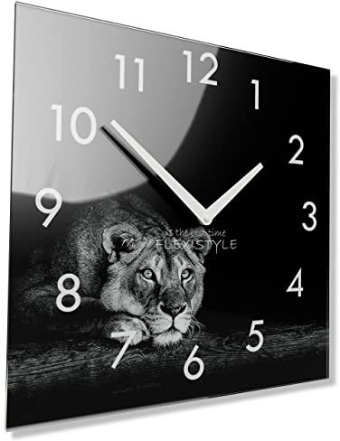 FLEXISTYLE Wanduhr Eckig Wohnzimmer, 30 x 30 cm, aus Glas, mit Direktdruck modern ohne tickgeräusche Tiere (Löwe)