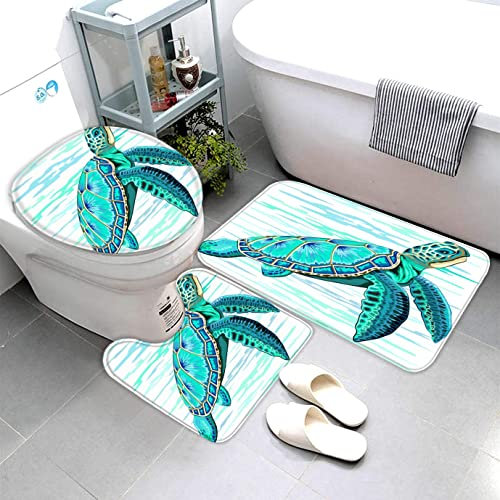 AOLIGL Badezimmermatte Set Schildkröte Türkis 3D Drucken Teppich Badezimmer Badgarnitur 3teilig Mikrofaser Bath mat U-förmigen Contour Matte- WC Vorleger（40 x60 cm）