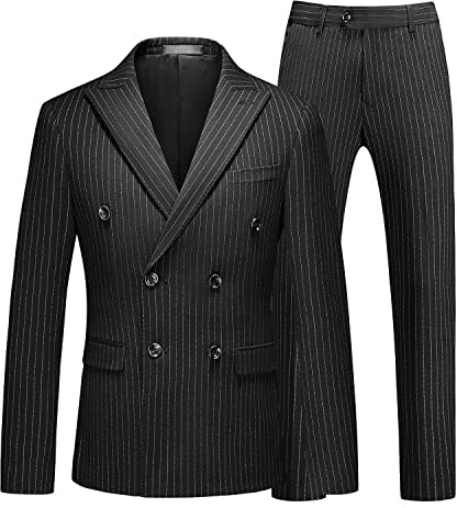 MOGU Traje de 3 Piezas para Hombre, Traje de Doble Botonadura, a Rayas, Ajustado, Chaqueta de Esmoquin, Chaleco, Pantalones para Negocios, Boda, Baile de graduación, Negro, 56