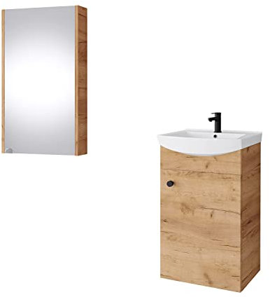 Planetmöbel Badmöbel Set Waschtisch mit Unterschrank 45 x 60 x 33 cm mit Spiegelschrank 40 cm für Badezimmer, Gäste WC & Bad, Gold Eiche