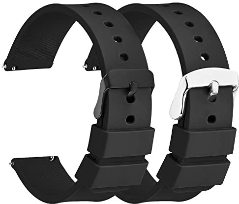 Molain 2 cinturini in gomma siliconica - sgancio rapido, fibbia in acciaio inossidabile nero/argento, cinturini universali sportivi impermeabili di ricambio per uomo donna (20 mm, banda nera)