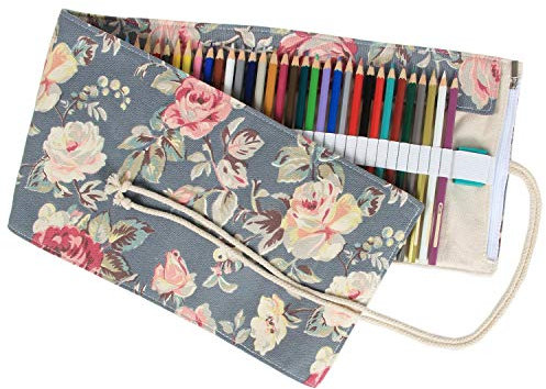 Damero Federmäppchen mit großer Kapazität, Leinwand Bleistift Rolle mit 48 Fächern,Reisezeichnung Buntstifttasche, Bleistifthalter mit Reißverschluss für das Schulbüro, Pfingstrose