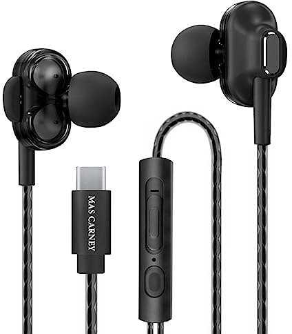MAS CARNEY Écouteurs USB C TI9, Double Haut-Parleurs Intégrés, Puce Numérique Intégrée, Microphone, Télécommande, Écouteurs Intra-Auriculaires Compatibles avec Les Samsung, Huawei, Pixel, iPad, Noir
