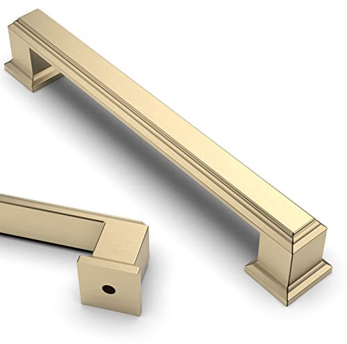 9BUILD 10 Pack 128mm Brushed Brass Cabinet Pulls - Kitchen and Wardrobe Handles with Zinc Alloy Finish