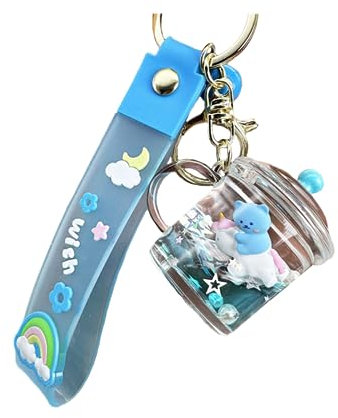 ZDHC Niedlicher schwimmender Bär reitender Einhorn-Schlüsselanhänger, Kawaii-Anime-Bewegung, flüssiger Treibsand, Tier-Schlüsselanhänger, Taschenanhänger, blau, One size