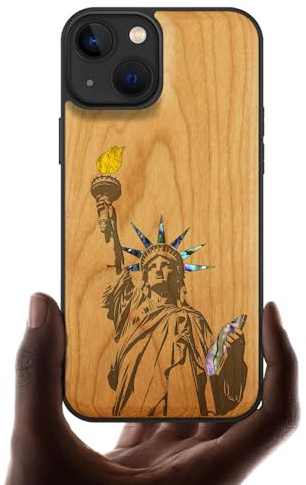 Carveit Bois Etui pour iPhone 13 Magnétique Coque, Incrustation de Coquille Protection de Téléphone Antichoc Compatible avec Apple 13 Étui Magsafe (Cerise-Statue de la Liberté)