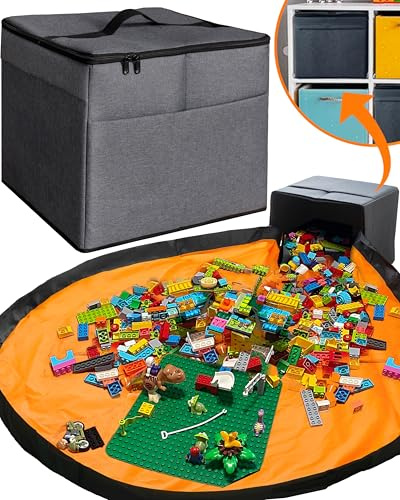 XL Toy Storage Organizer with Play Mat - Storage Bag/Box for Kids, Boys, Girls, Nursery, Playroom - Basket for Building Bricks/Blocks - Collapsible Fabric Cube Bin, 13x13x15