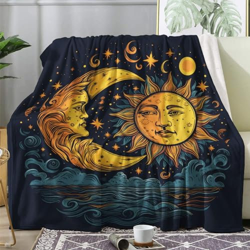 Kuscheldecke Flauschig Sonne Mond und Sterne, Große Decke Fleecedecke 220x240 ästhetisch, Flanell Sofadecke Blanket XXL, Wohndecke Schlafdecke Winter Warm Weich, Deko Decken für Couch Bed