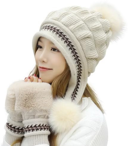 AOOPOO Damen Strickmütze Winter Skimütze Mütze mit Ohrenklappe Pom Handschuh Set, 2 in 1 Wintermützen für Damen Warme Strickohrschutz Wollmütze mit Samt Bommel Pom Hüte