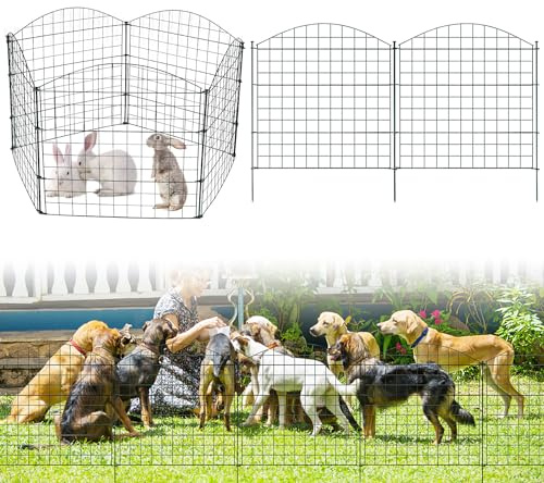 Fiqops Teichzaun Gartenzaun Steckzaun, Zaunelemente metall mit 10 Zaunelemente und 12 Befestigungsstäben, Flexibel und Erweiterbar, Welpenauslauf, Zaun für Hunde (Oberbogen,Grün)
