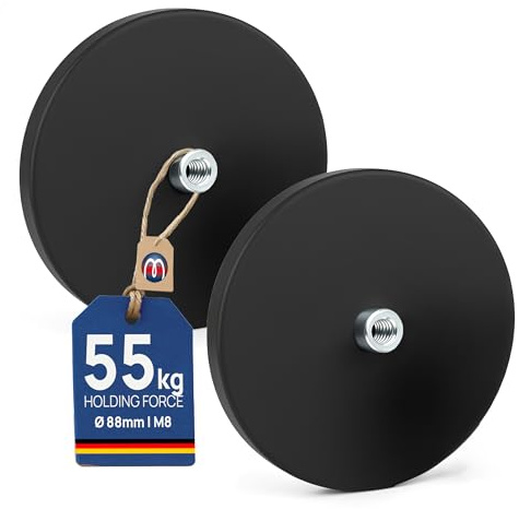 2 x Neodym Magnet-System gummiert Ø 88 mm Gewinde-Buchse (Innen-Gewinde) M8 - Haftkraft 55 kg - 2 Stück - Starke Magnete mit Gummi für Schrauben Haken Ösen, Größen:Ø 88mm | M8 | 55kg Haftkraft