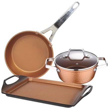 Kollektion Origen Set: Topf mit Glasdeckel, 20 cm, mit 45 cm Drehspieß-/Grillplatte und 28 cm Bratpfanne, geschmiedetes Aluminium, induktionsgeeignet