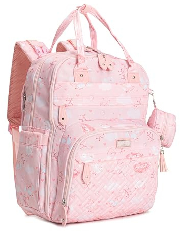 BabbleRoo Baby Backpack, Nappy Changing Bag with Changing Mat & Pacifier Holder for Mom & Dad (Pink Birdy)