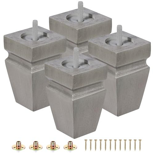 Square Wood Furniture Legs Set of 4 - Wooden Replacement Feet for Couch, Bed, Bench, Dresser, Rubber Wood Parts for Table, Sofa, Wooden Legs Chairs Complete with Installation Hardware (4 inch Grey)