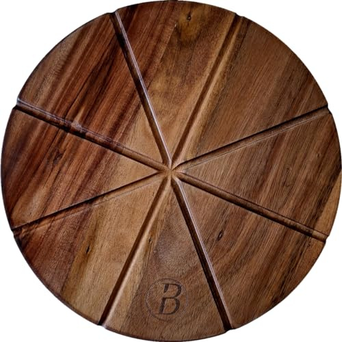 BABOSSA® Pizzabrett aus Akazienholz | 32cm Durchmesser, 14mm Stärke | Einseitig mit Schneiderillen & Glatt als Servierplatte | Dunkles Holz Servierplatte für Pizza, Flammkuchen, Kuchen