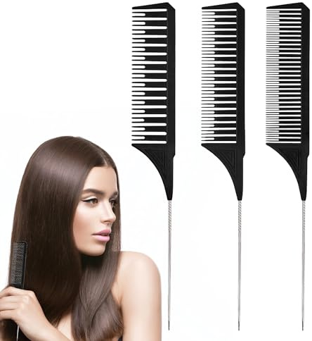 3-Piece Tail Comb Set - 3 Sizes, Highlighting Comb with Stainless Steel Handles (Black) for Men & Women's Hair Dyeing and Styling